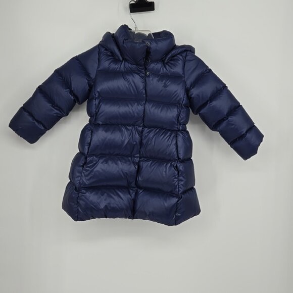 Polo Ralph Lauren Navy Puffer Water Resistant Down Long Coat Zip Snap Closure 4T - Picture 2 of 9